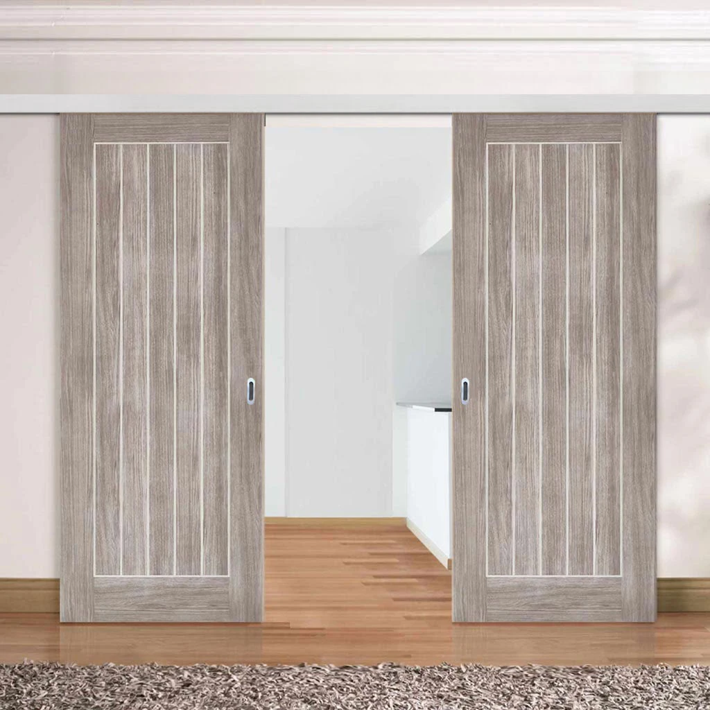 Premium Double Sliding Door & Wall Track - Laminate Mexicano Light Grey Door - Prefinished 1 Premium Double Sliding Door & Wall Track - Laminate Mexicano Light Grey Door - Prefinished
