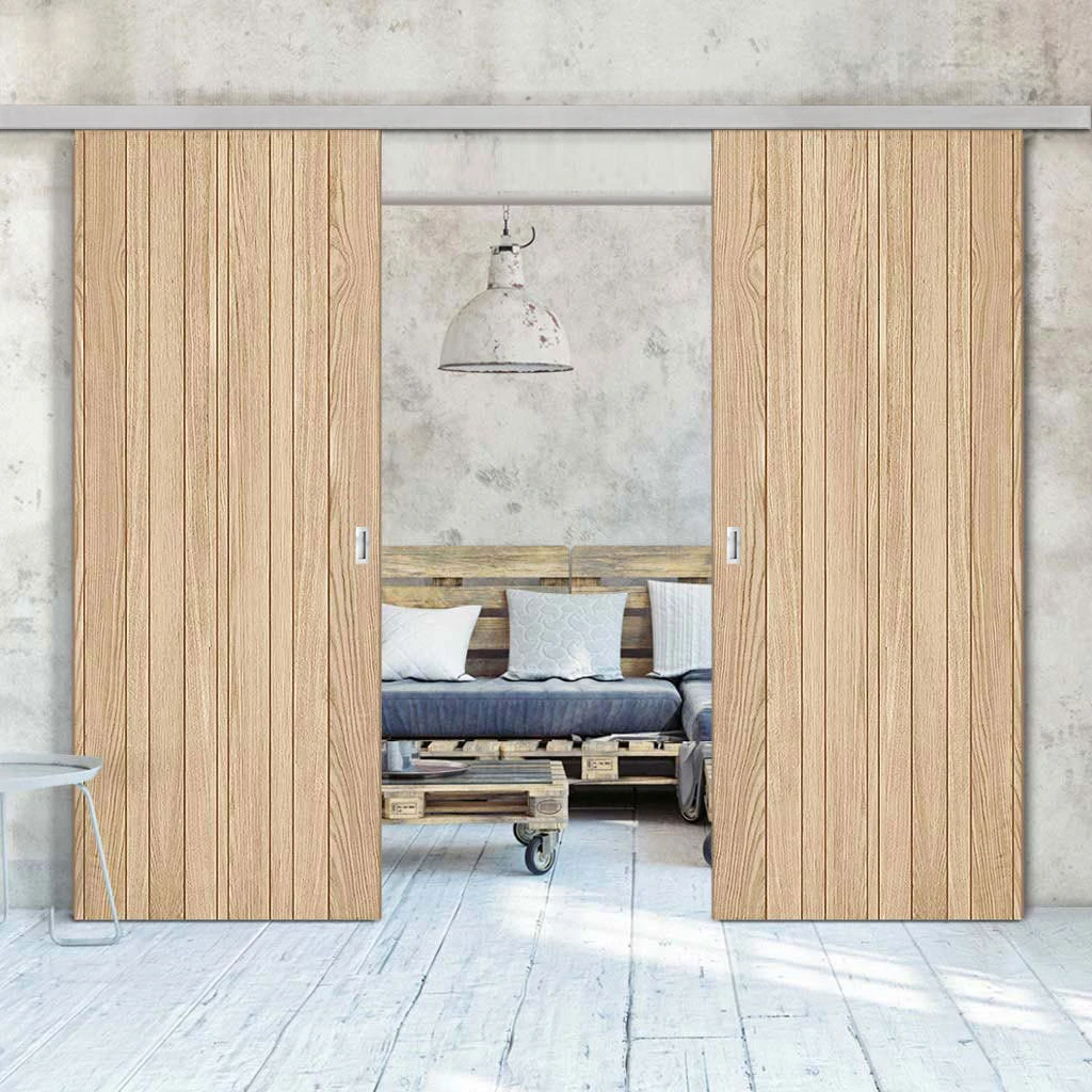 Premium Double Sliding Door & Wall Track - Montreal Oak Flush Internal Door - Prefinished 1 Premium Double Sliding Door & Wall Track - Montreal Oak Flush Internal Door - Prefinished