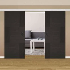 Premium Double Sliding Door & Wall Track - Seis Charcoal Black Flush Door - Prefinished