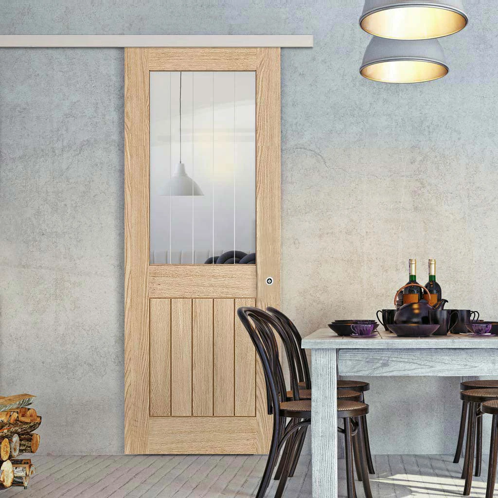 Premium Single Sliding Door & Wall Track - Belize Oak Door - Silkscreen Etched Glass - Unfinished 1 Premium Single Sliding Door & Wall Track - Belize Oak Door - Silkscreen Etched Glass - Unfinished