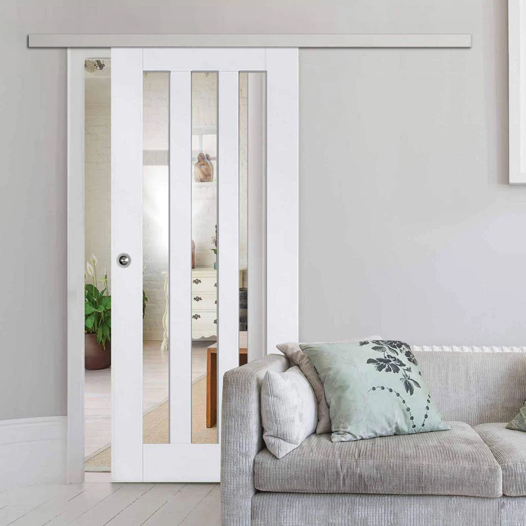 Premium Single Sliding Door & Wall Track - Utah 3 Pane Door - Clear Glass - White Primed 1 Premium Single Sliding Door & Wall Track - Utah 3 Pane Door - Clear Glass - White Primed
