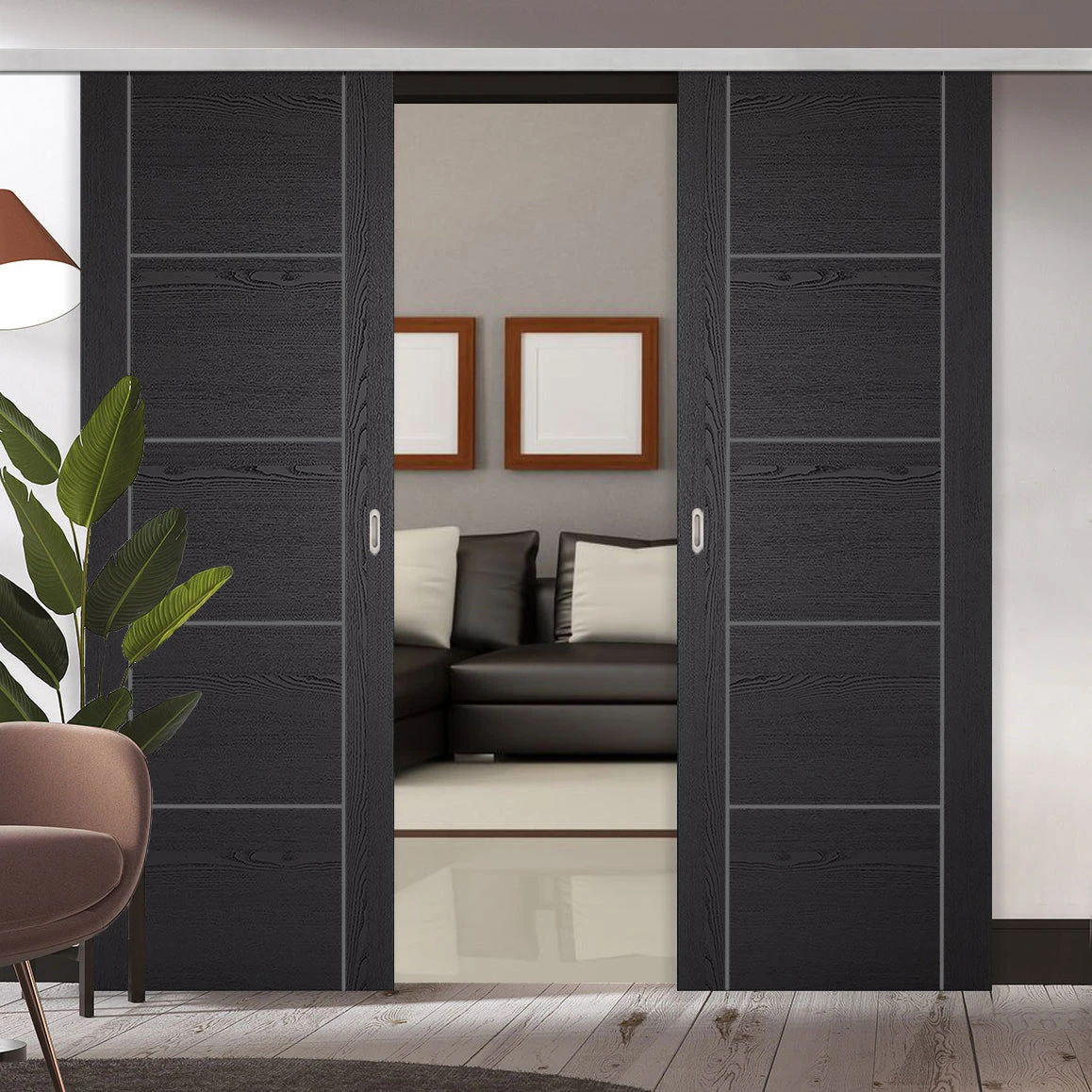 Premium Double Sliding Door & Wall Track - Laminate Vancouver Black Door - Prefinished 1 Premium Double Sliding Door & Wall Track - Laminate Vancouver Black Door - Prefinished