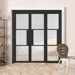ThruEasi Room Divider - Tribeca 3 Pane Black Primed Clear Reeded Glass Unfinished Double Doors With Single Side