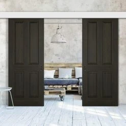 Double Sliding Door & Wall Track - Regency 4 Panel Smoked Oak Door - Prefinished