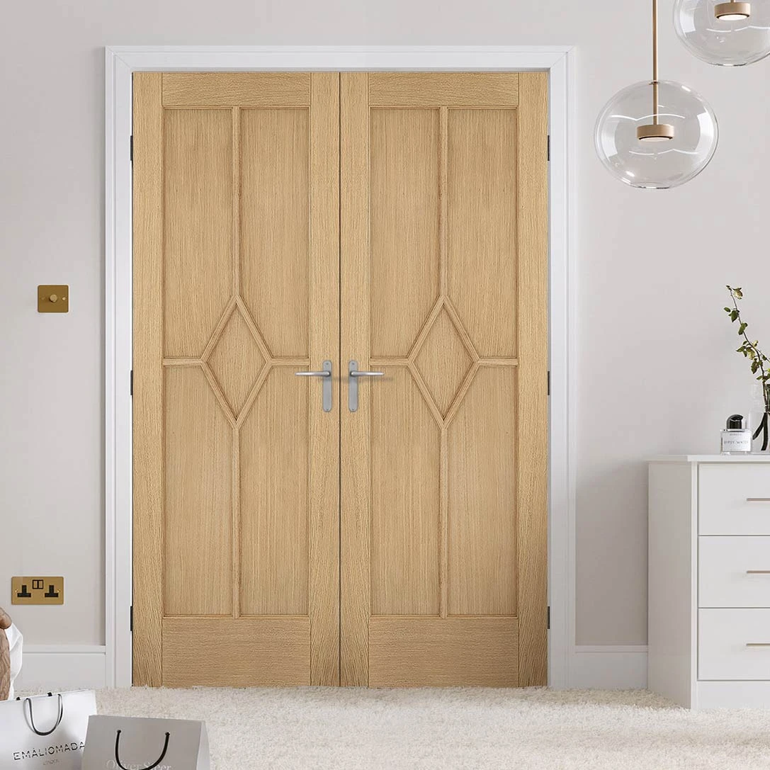 Reims Diamond 5 Panel Oak Internal Door Pair - Prefinished 1 Reims Diamond 5 Panel Oak Internal Door Pair - Prefinished