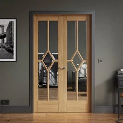 Reims Oak Internal Door Pair - Bevelled Clear Glass - Prefinished