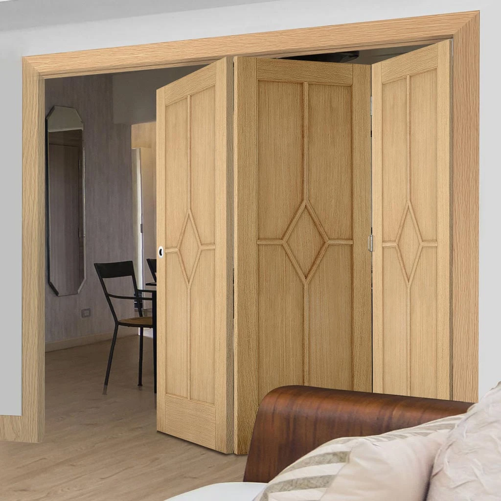 Three Folding Doors & Frame Kit - Reims Diamond 5 Panel Oak 3+0 - Prefinished 2 Three Folding Doors & Frame Kit - Reims Diamond 5 Panel Oak 3+0 - Prefinished - Image 2