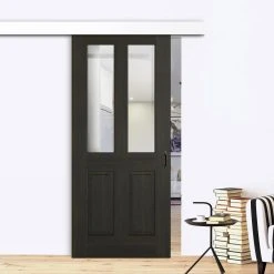 Single Sliding Door & Wall Track - Richmond Smoked Oak Door - Clear Glass - Prefinished