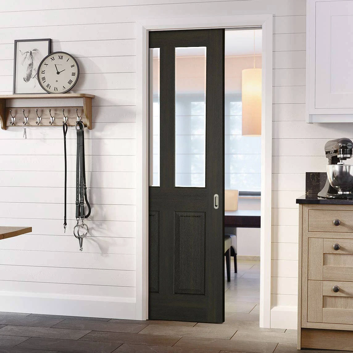 Richmond Smoked Oak Single Evokit Pocket Door - Clear Glass - Prefinished 1 Richmond Smoked Oak Single Evokit Pocket Door - Clear Glass - Prefinished