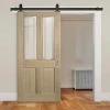 Top Mounted Black Sliding Track & Door - Richmond White Oak Door - No Raised Mouldings - Bevelled Clear Glass - Unfinished