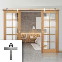 Double Sliding Door & Stainless Steel Barn Track - SA 10 Pane White Oak Doorss - Clear Glass - Unfinished