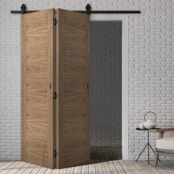 SpaceEasi Top Mounted Black Folding Track & Double Door - Sofia Walnut Veneer Door - Prefinished