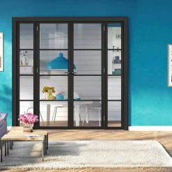 ThruEasi Room Divider - Soho 4 Pane Black Primed Clear Glass Unfinished Industrial Double Doors With Narrow Double Sides