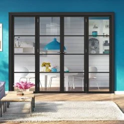 ThruEasi Room Divider - Soho 4 Pane Black Primed Clear Glass Unfinished Double Doors With Double Sides