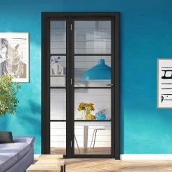 ThruEasi Room Divider - Soho 4 Pane Black Primed Clear Glass Unfinished Industrial Door With Narrow Single Side