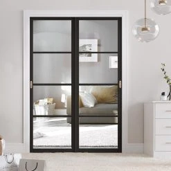 Pass-Easi Two Sliding Doors And Frame Kit - Soho 4 Pane Door - Clear Glass - Black Primed
