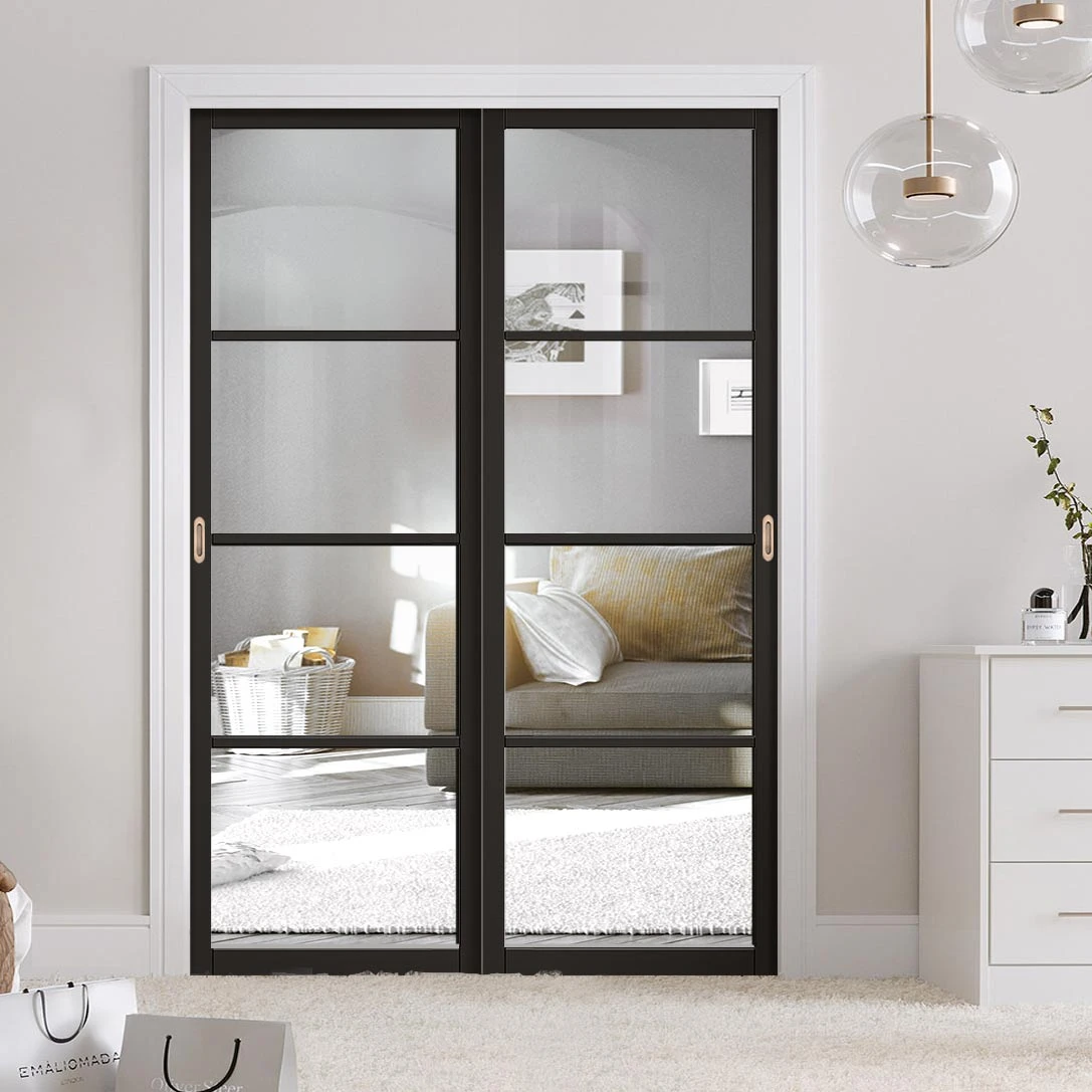 Pass-Easi Two Sliding Doors And Frame Kit - Soho 4 Pane Door - Clear Glass - Black Primed 1 Pass-Easi Two Sliding Doors And Frame Kit - Soho 4 Pane Door - Clear Glass - Black Primed