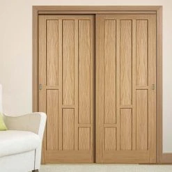 Pass-Easi Two Sliding Doors And Frame Kit - Coventry Contemporary Oak Panel Door - Unfinished