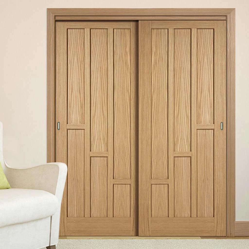 Pass-Easi Two Sliding Doors And Frame Kit - Coventry Contemporary Oak Panel Door - Unfinished 1 Pass-Easi Two Sliding Doors And Frame Kit - Coventry Contemporary Oak Panel Door - Unfinished