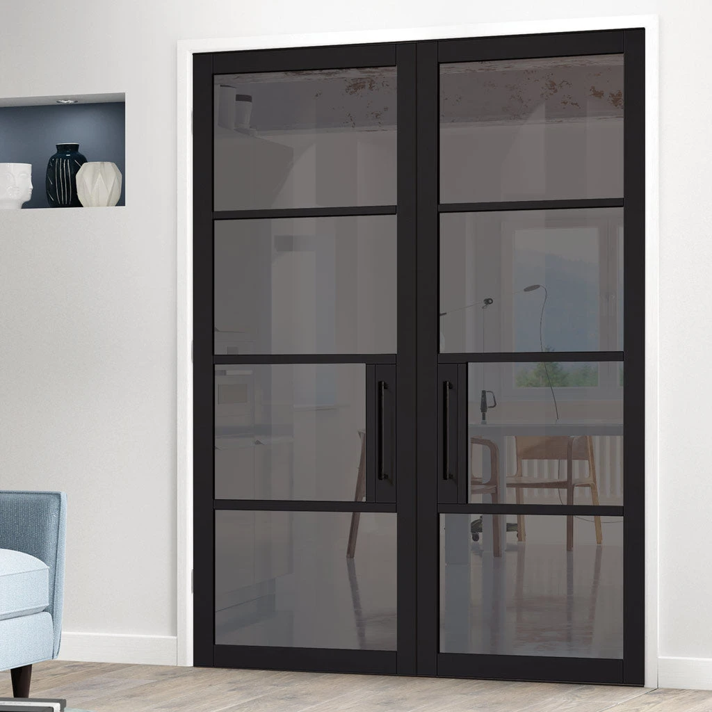 Chelsea 4 Pane Black Primed Internal Door Pair - Tinted Glass 1 Chelsea 4 Pane Black Primed Internal Door Pair - Tinted Glass
