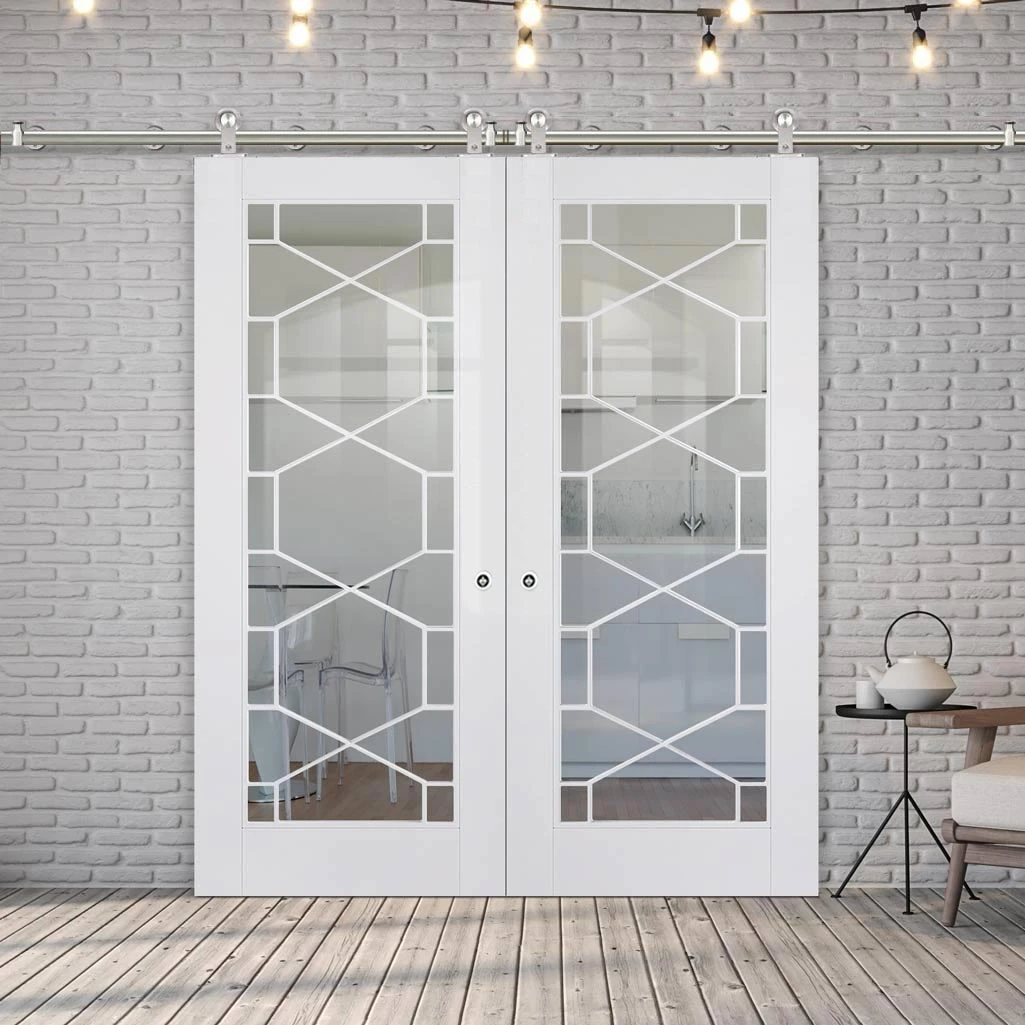 Sirius Tubular Stainless Steel Sliding Track & Orly Double Door - Clear Glass - Primed 1 Sirius Tubular Stainless Steel Sliding Track & Orly Double Door - Clear Glass - Primed