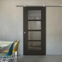 Sirius Tubular Stainless Steel Sliding Track & Vancouver Smoked Oak Internal Doors - Clear Glass - Prefinished
