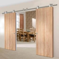 Sirius Tubular Stainless Steel Sliding Track & Wexford Oak Panel Double Door - Unfinished