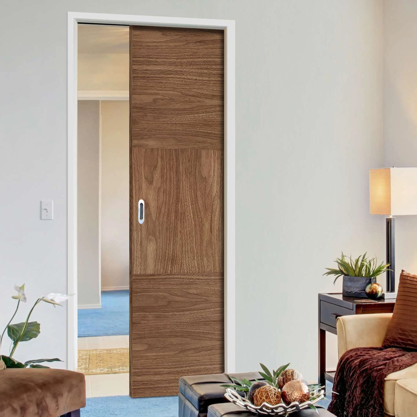 Tres Walnut Flush Single Evokit Pocket Door - Prefinished 1 Tres Walnut Flush Single Evokit Pocket Door - Prefinished