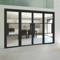 ThruEasi Room Divider - Tribeca 3 Pane Black Primed Clear Glass Unfinished Double Doors With Double Sides