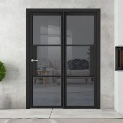 ThruEasi Room Divider - Tribeca 3 Pane Black Primed Tinted Glass Unfinished Door With Single Side