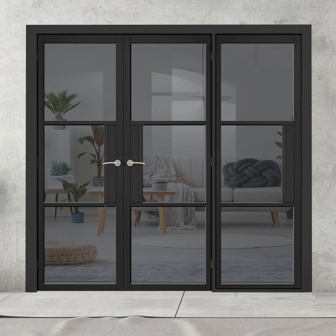 ThruEasi Room Divider - Tribeca 3 Pane Black Primed Tinted Glass Unfinished Double Doors With Single Side 2 ThruEasi Room Divider - Tribeca 3 Pane Black Primed Tinted Glass Unfinished Double Doors With Single Side - Image 2