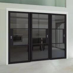 Pass-Easi Three Sliding Doors And Frame Kit - Tribeca 3 Pane Black Primed Door - Tinted Glass