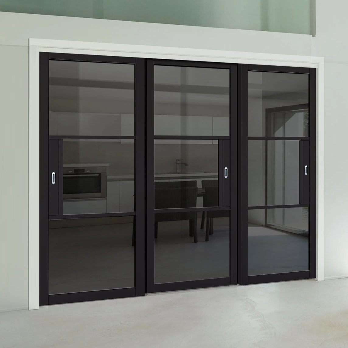 Pass-Easi Three Sliding Doors And Frame Kit - Tribeca 3 Pane Black Primed Door - Tinted Glass 1 Pass-Easi Three Sliding Doors And Frame Kit - Tribeca 3 Pane Black Primed Door - Tinted Glass