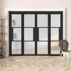 ThruEasi Room Divider - Tribeca 3 Pane Black Primed Clear Reeded Glass Unfinished Double Doors With Double Sides