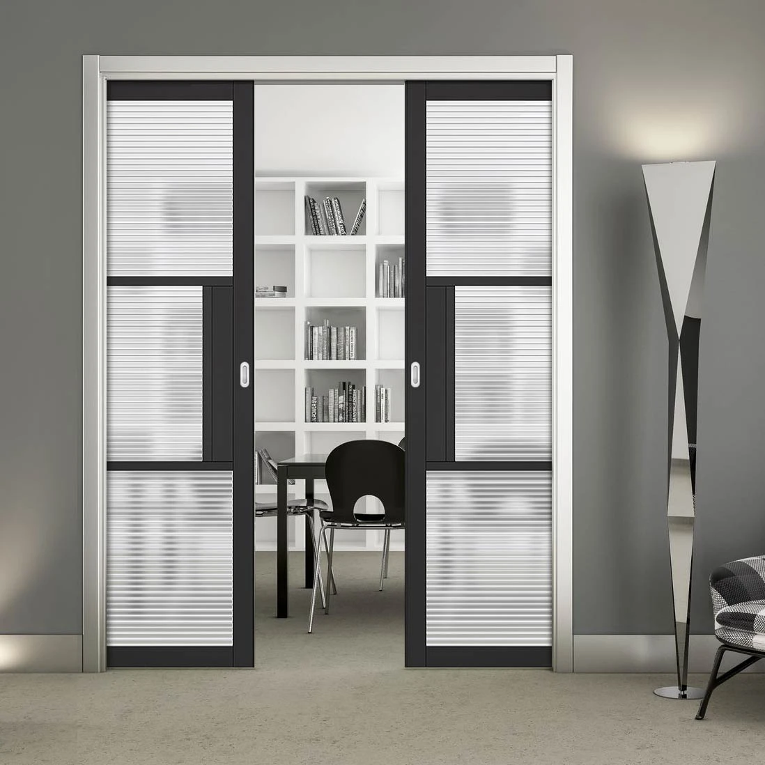 Tribeca 3 Pane Black Primed Double Evokit Pocket Doors - Clear Reeded Glass 1 Tribeca 3 Pane Black Primed Double Evokit Pocket Doors - Clear Reeded Glass