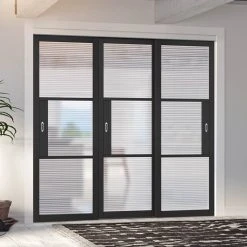 Pass-Easi Three Sliding Doors And Frame Kit - Tribeca 3 Pane Black Primed Door - Clear Reeded Glass