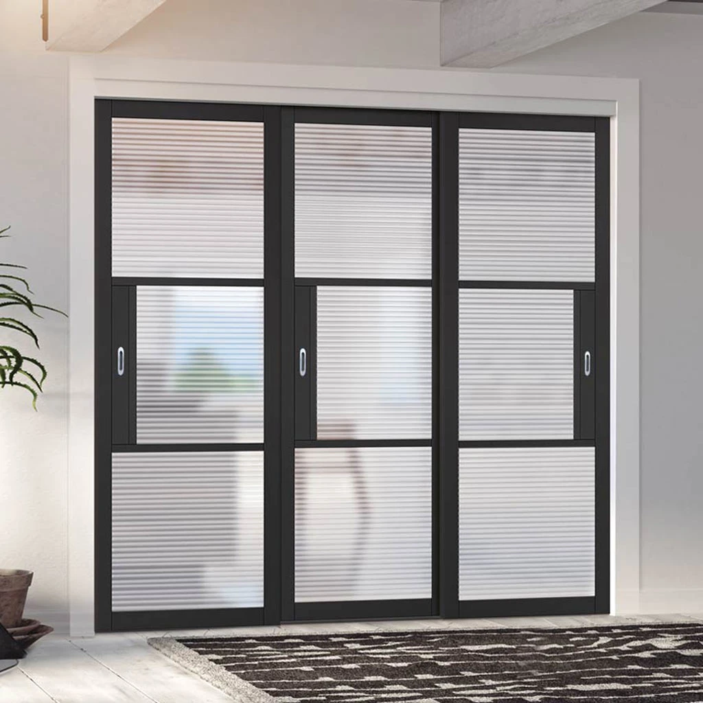 Pass-Easi Three Sliding Doors And Frame Kit - Tribeca 3 Pane Black Primed Door - Clear Reeded Glass 1 Pass-Easi Three Sliding Doors And Frame Kit - Tribeca 3 Pane Black Primed Door - Clear Reeded Glass