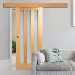 Single Sliding Door & Wall Track - Utah 3 Pane Oak Door - Frosted Glass - Unfinished