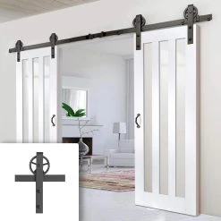 Double Sliding Door & Wagon Wheel Black Track - Utah 3 Pane Doors - Clear Glass - White Primed
