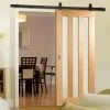 Top Mounted Black Sliding Track & Door - Utah 3 Pane Oak Door - Frosted Glass - Unfinished