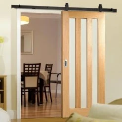Top Mounted Black Sliding Track & Door - Utah 3 Pane Oak Door - Frosted Glass - Unfinished