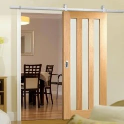 Top Mounted Stainless Steel Sliding Track & Door - Utah 3 Pane Oak Door - Frosted Glass - Prefinished