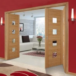 Three Folding Doors & Frame Kit - Vancouver 4 Pane Oak 2+1 Diamond Lined Clear Glass - Prefinished