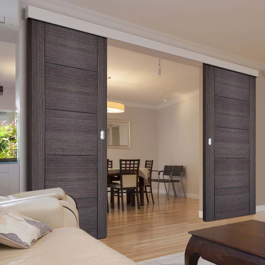 Double Sliding Door & Wall Track - Vancouver Flush Ash Grey Doors - Prefinished 1 Double Sliding Door & Wall Track - Vancouver Flush Ash Grey Doors - Prefinished
