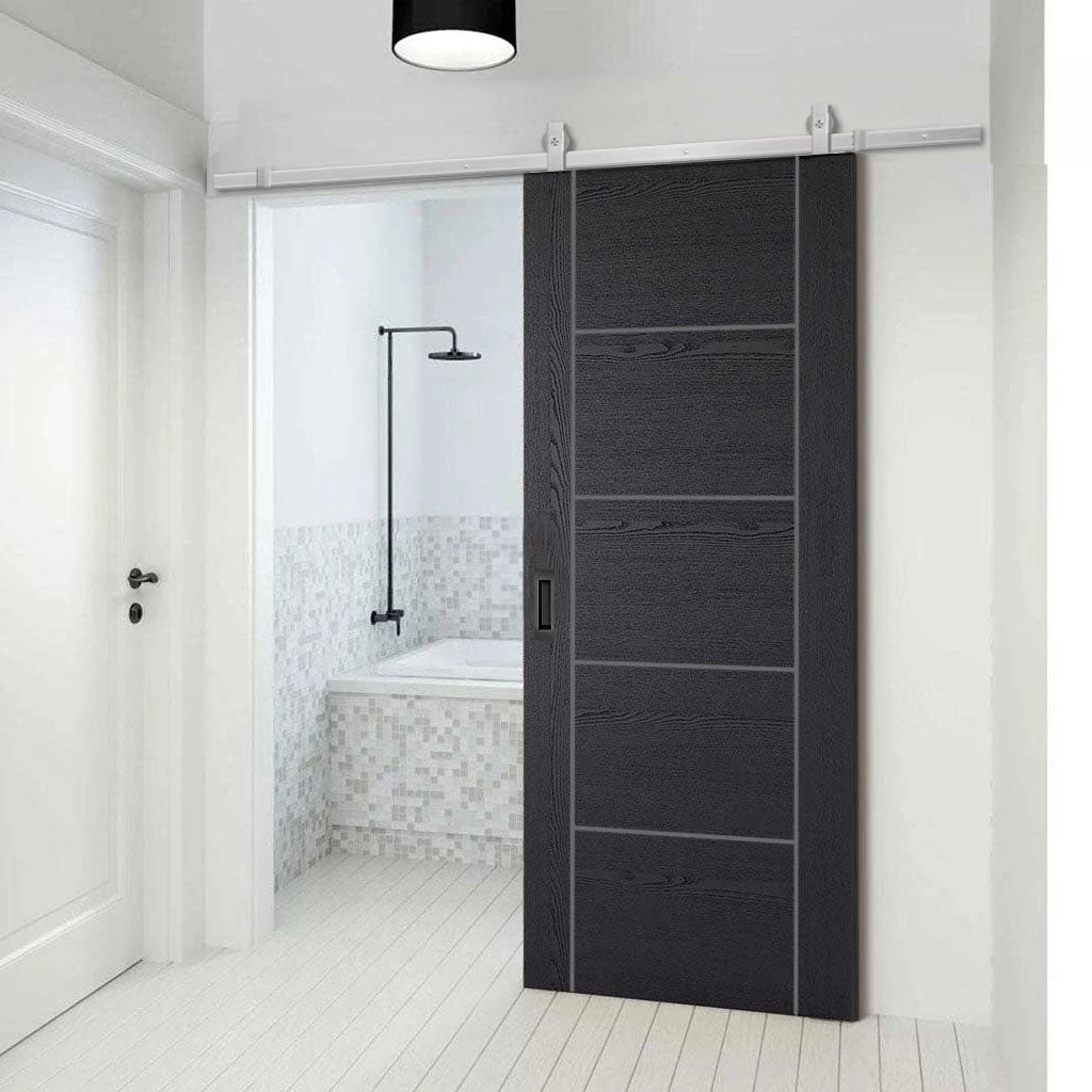 Top Mounted Stainless Steel Sliding Track & Door - Laminate Vancouver Black Door - Prefinished 1 Top Mounted Stainless Steel Sliding Track & Door - Laminate Vancouver Black Door - Prefinished