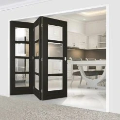 Three Folding Doors & Frame Kit - Vancouver Smoked Oak Internal Doors - Clear Glass - Prefinished