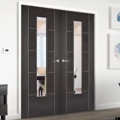 Laminate Vancouver Dark Grey Internal Door Pair - Clear Glass - Prefinished