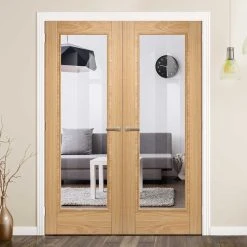 Vancouver Oak Internal Door Pair - Clear Glass - Prefinished