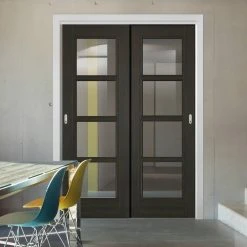 Pass-Easi Two Sliding Doors And Frame Kit - Vancouver Smoked Oak Internal Doors - Clear Glass - Prefinished
