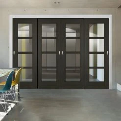 Pass-Easi Four Sliding Doors And Frame Kit - Vancouver Smoked Oak Internal Doors - Clear Glass - Prefinished